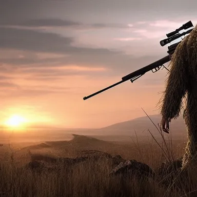 Sniper Holding Sniper Rifle, Standing in field facing sunset. Hills in background.