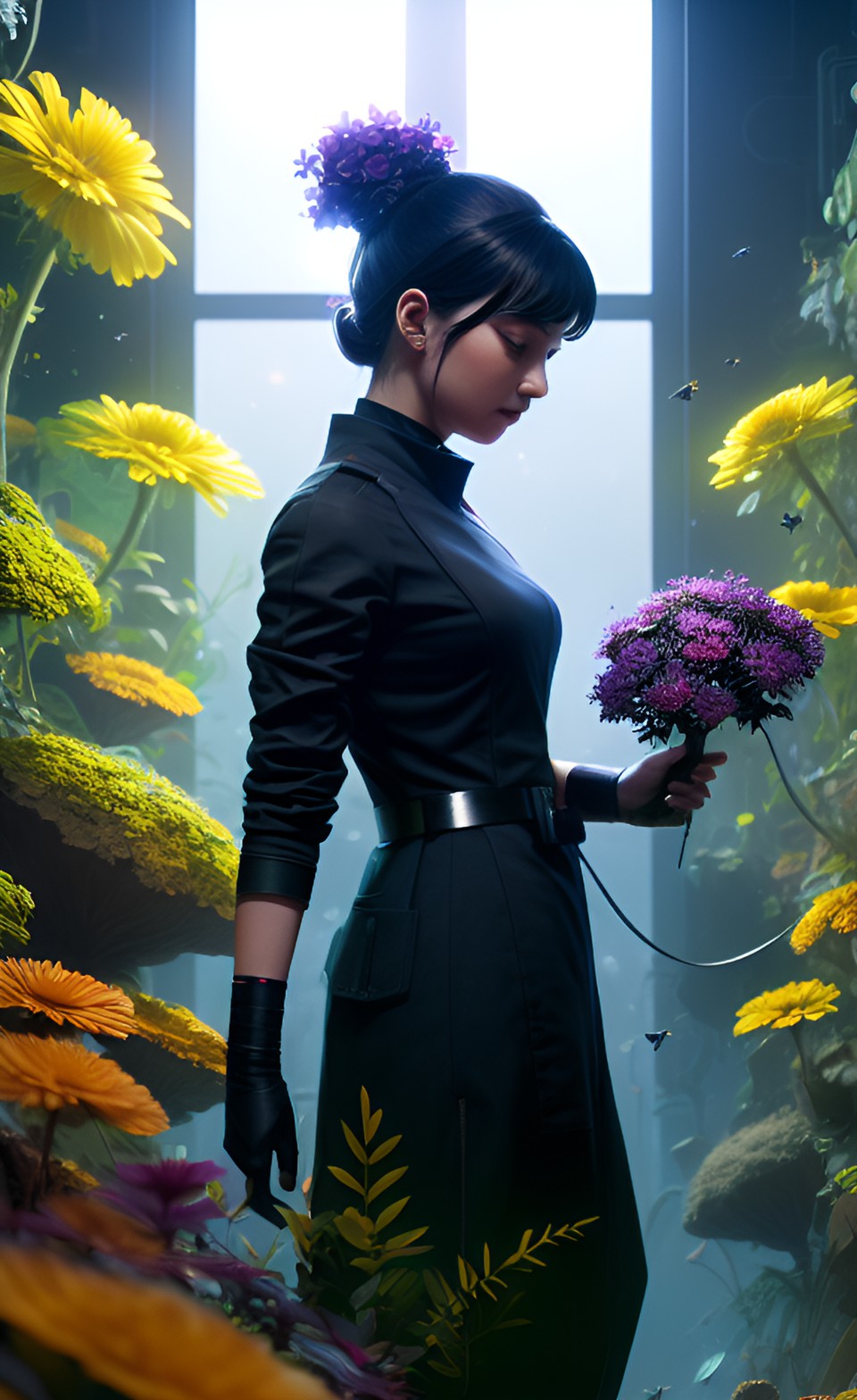 Mysterious scientist in black examining vibrant blooms.