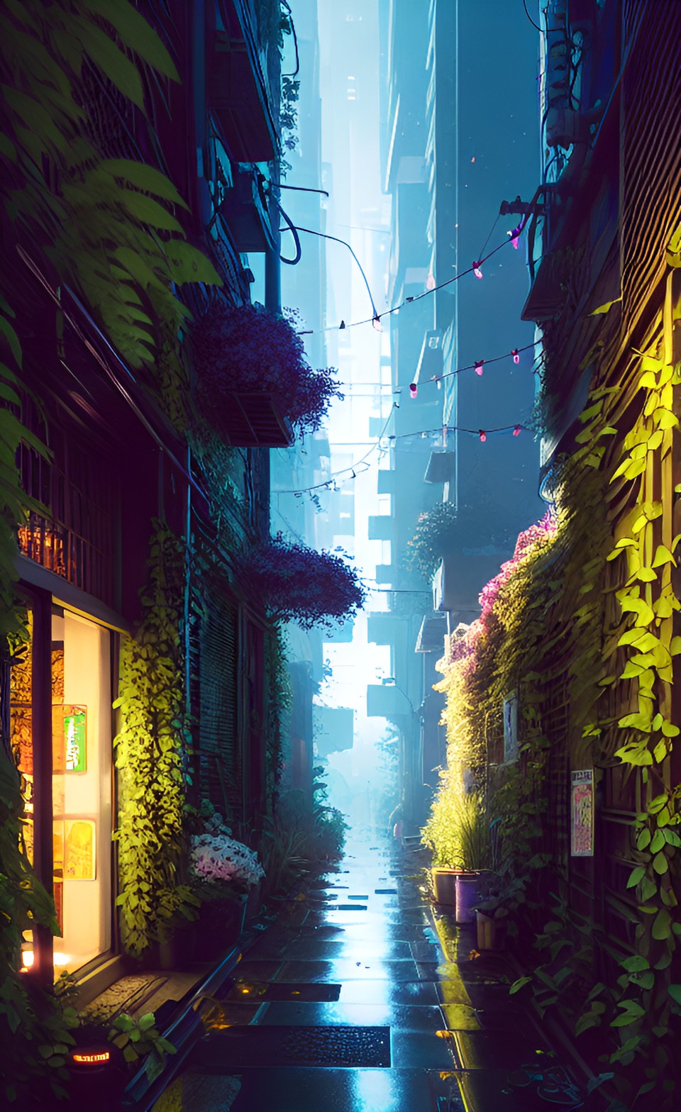 Tall, metallic buildings hide an overgrown alley.